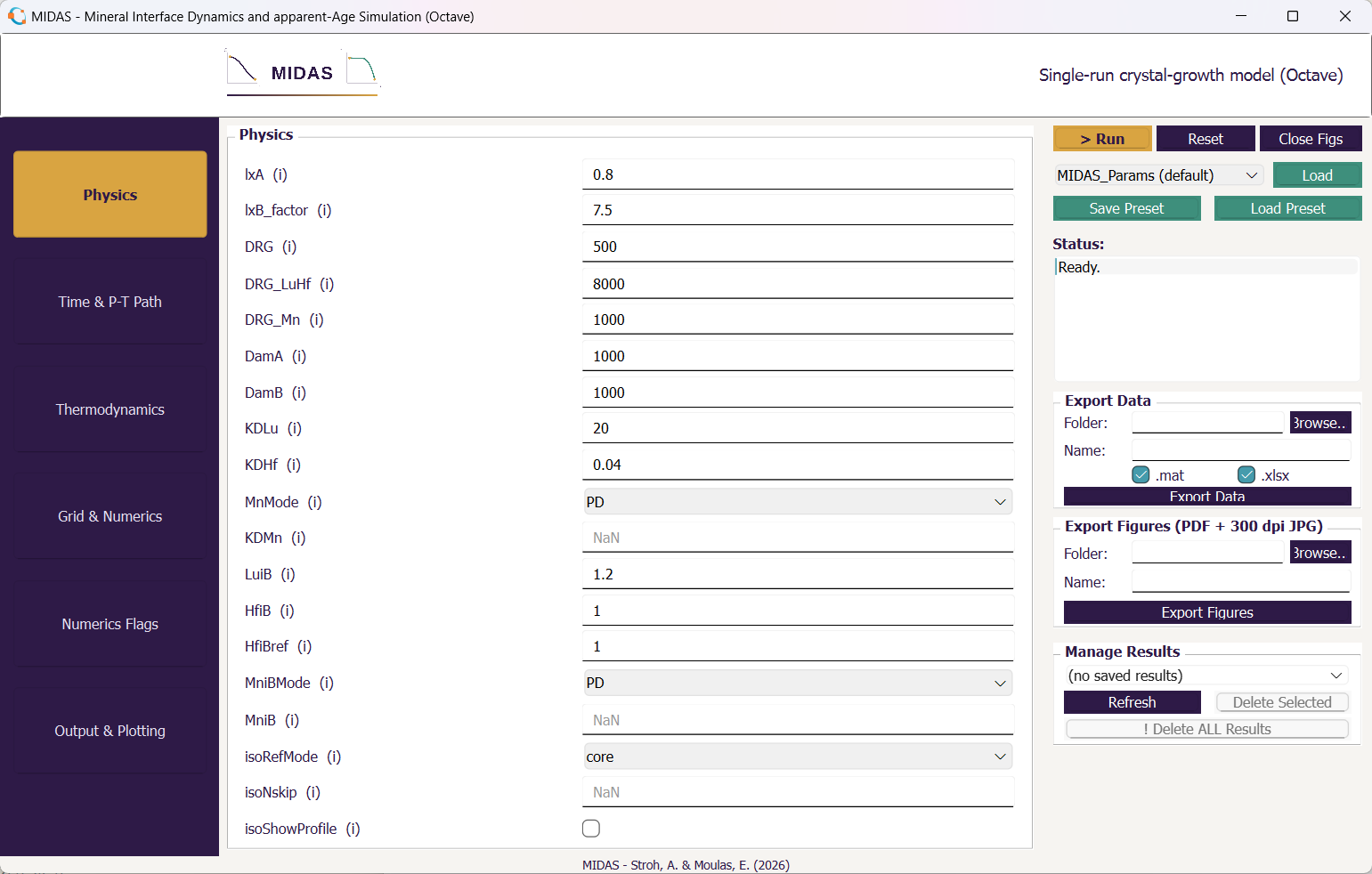 GNU Octave GUI: sidebar tabs (Physics, Time & P-T Path, ...), parameter fields, Run/Reset/Close Figs, example and preset loading, Status log, and Export Data / Export Figures / Manage Results panels.